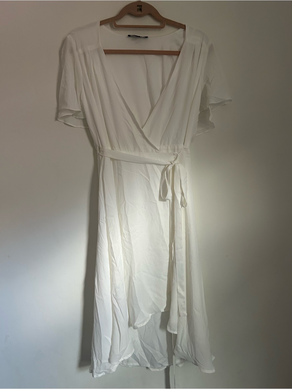 Lulu's White Wrap High-Low Dress with Flutter Sleeves